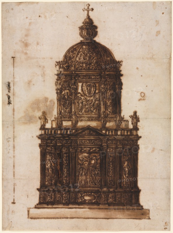 Design for a Ciborium, 1600s. Fantoni Family Workshop (Italian). Pen and brown ink (iron gall) and brush and brown wash, with graphite ; sheet: 27.8 x 20.5 cm (10 15/16 x 8 1/16 in.); secondary support: 27.8 x 20.5 cm (10 15/16 x 8 1/16 in.).