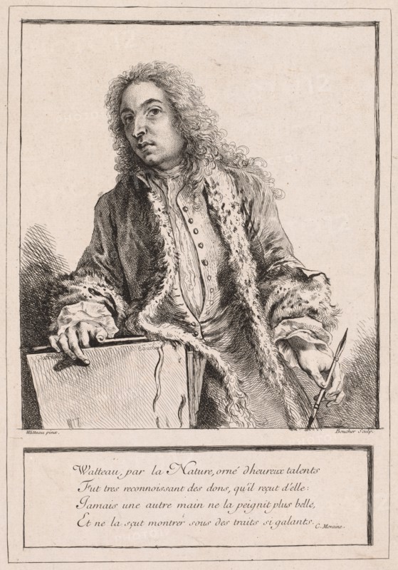 Antoine Watteau, c. 1727. François Boucher (French, 1703-1770), after Jean Antoine Watteau (French, 1684-1721). Etching and engraving; sheet: 37.3 x 26.4 cm (14 11/16 x 10 3/8 in.); platemark: 35.1 x 24.2 cm (13 13/16 x 9 1/2 in.)