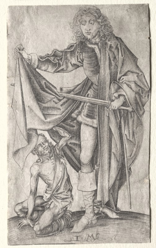 St. Martin Dividing His Cloak for a Beggar. Israhel van Meckenem (German, c. 1440-1503). Engraving