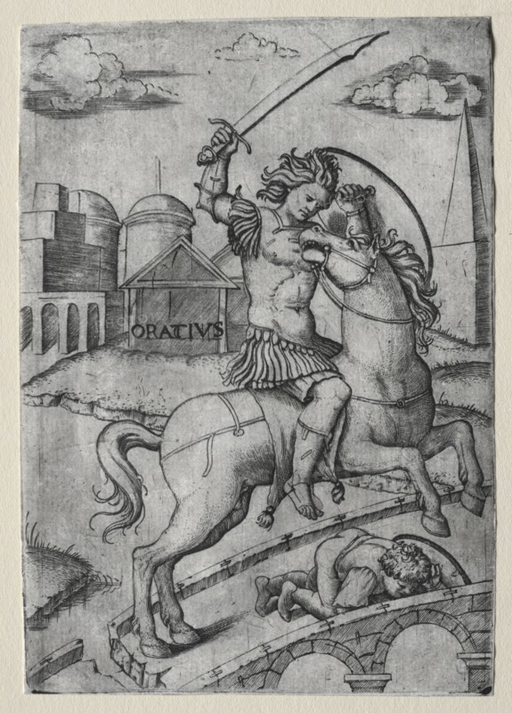 Horatius Cocles Defending the Sublician Bridge. Marcantonio Raimondi (Italian, 1470/82-1527/34). Engraving