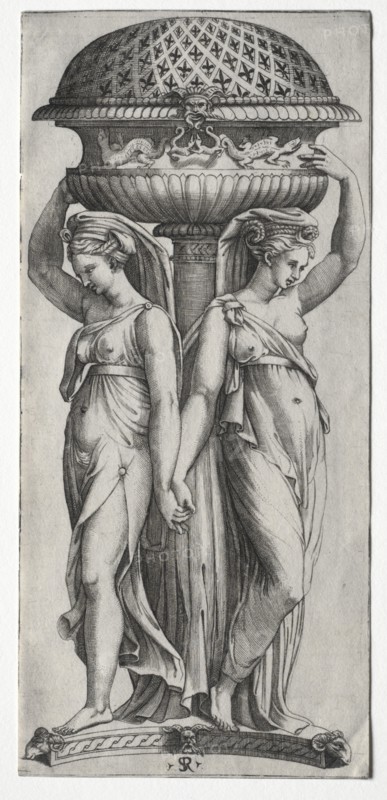 The Cassollette: Women Supporting an Urn, c. 1520-27. Marco Dente (Italian, c. 1486-1527), after Marcantonio Raimondi (Italian, 1470/82-1527/34). Engraving
