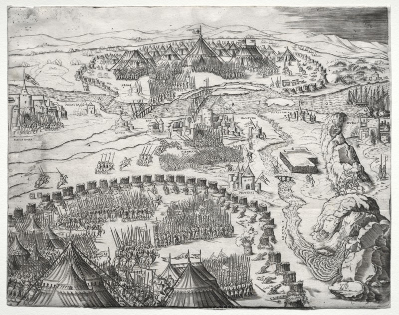 The Position and Camp of the Armies of Charles V and Soliman II, 1532. Agostino Musi (Italian, 1490-1540). Engraving