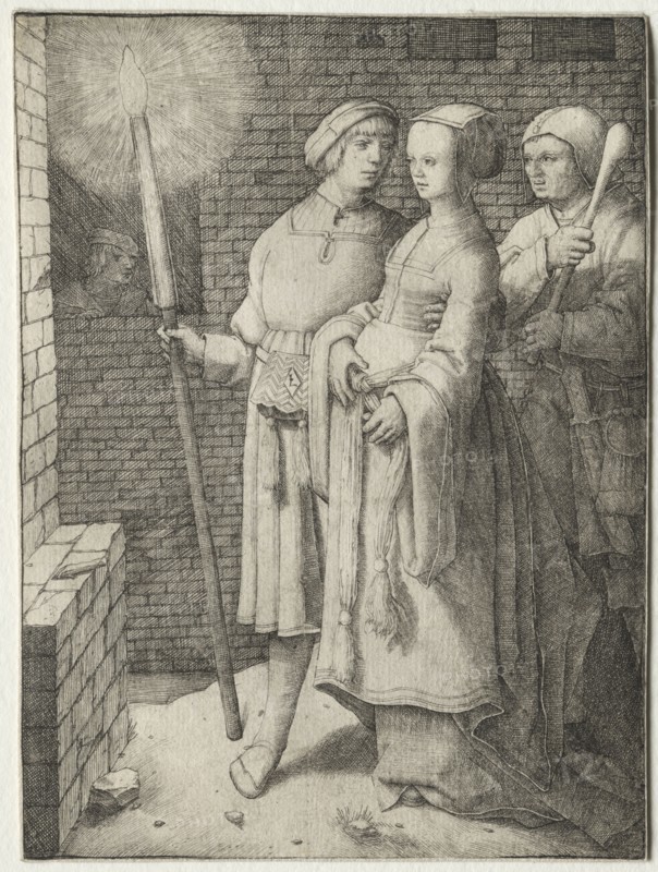 The Man with the Torch and a Woman Followed by a Fool, c. 1508. Lucas van Leyden (Dutch, 1494-1533). Engraving