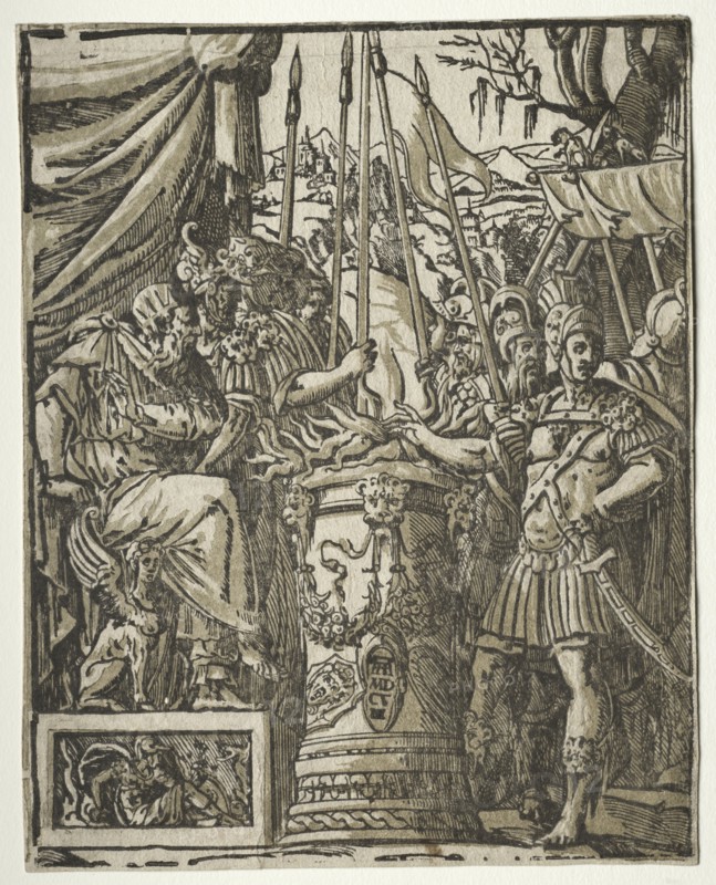 Mucius Scaevola, 1608. After Andrea Andreani (Italian, about 1558–1610), after Balthasar Peruzzi (Italian, 1481-1536). Chiaroscuro woodcut