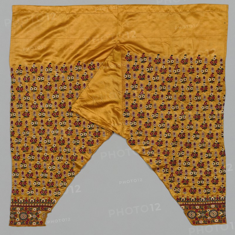 "Salwar": Woman's Trousers, 1800s - early 1900s. India, Cutch, 19th - early 20th century. Embroidery; silk on silk satin with mirror-glass inserts; overall: 87 x 101.5 cm (34 1/4 x 39 15/16 in.)
