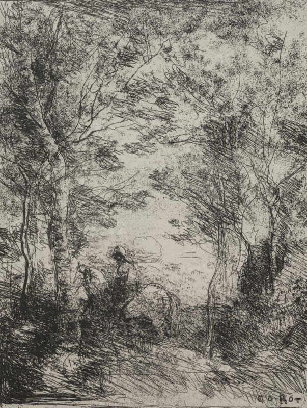 Horseman in the Woods, original impression 1854, printed in 1921. Jean Baptiste Camille Corot (French, 1796-1875), M. Le Garrec. Cliché-verre; sheet: 21.4 x 16.8 cm (8 7/16 x 6 5/8 in.); image: 19.9 x 15 cm (7 13/16 x 5 7/8 in.).
