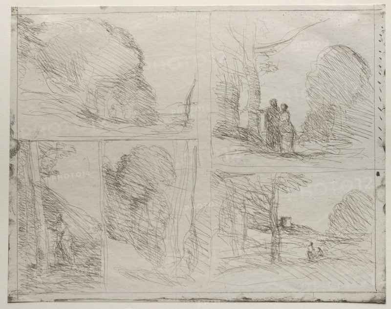 The Garden of Pericles; The Painter's Lane; Scrawl; The Large Woodcutter; The Tower of Henry VIII, original impression 1856, printed in 1921. Jean Baptiste Camille Corot (French, 1796-1875). Cliché-verre; sheet: 28.5 x 36.4 cm (11 1/4 x 14 5/16 in.)