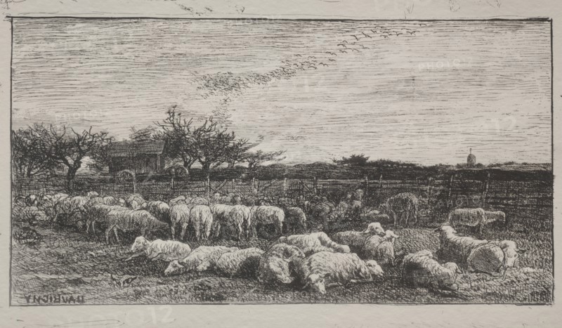 This composition also appears in an etching of the same title from 1860 (Delteil 95), and an oil painting shown at the Salon of 1861.: The Large Sheepfold, original impression 1862, printed in 1921. Charles François Daubigny (French, 1817-1878). Cliché-verre; sheet: 28.4 x 36.3 cm (11 3/16 x 14 5/16 in.).