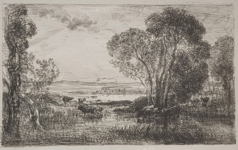 This subject was also engraved on wood by an anonymous artist, and was published with the title"L'Automne des Bords du Morvan" and published in "Monde illustré" Oct. 1868: The Hydraulic Machine, original impression 1862, printed in 1921. Charles François Daubigny (French, 1817-1878). Cliché-verre; sheet: 28 x 36 cm (11 x 14 3/16 in.).