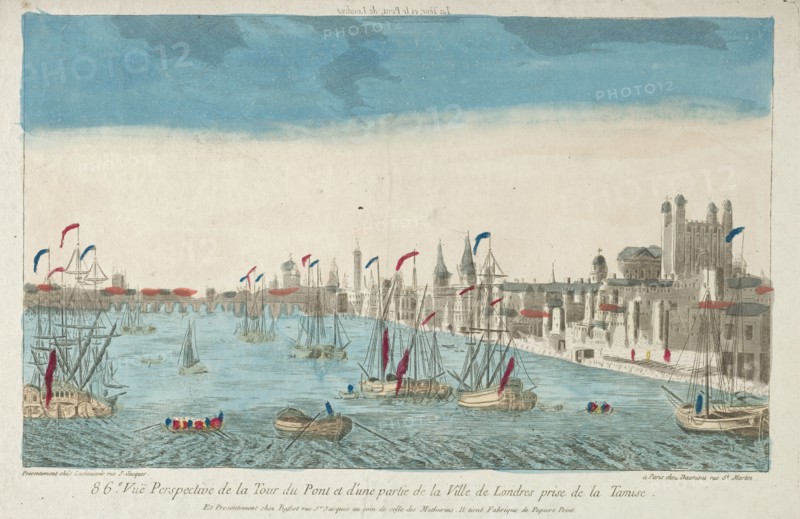View of London Bridge and Tower, 18th Century. England, 18th century. Engraving