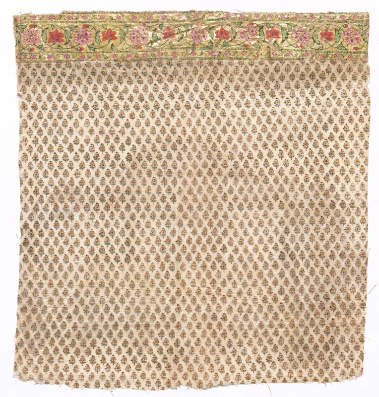 Fragment of a Draped Garment worn by Members of Court for Festive Occasions, late 1700s or early 1800s. India, late 18th or early 19th century. Block printed and painted with pigments and gold leaf on cotton; overall: 28.3 x 27.3 cm (11 1/8 x 10 3/4 in.)
