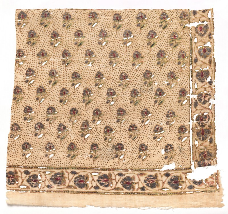Fragment, 1800s. India, Rajasthan, 19th century. Printed with silver leaf, painted and over-printed with gold; cotton; overall: 19.9 x 22.9 cm (7 13/16 x 9 in.)