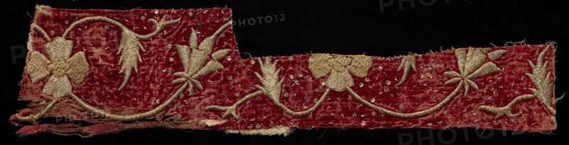 Fragment, 1800s. India, Jaipur, 19th century. Embroidery; silk and gold filé on silk velvet ground; overall: 64.8 x 14.9 cm (25 1/2 x 5 7/8 in.).