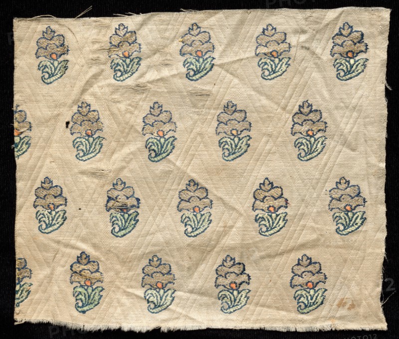 Fragment, 1800s. India, 19th century. Brocade; ecru cotton ground, silk and metal thread; overall: 14.6 x 17.2 cm (5 3/4 x 6 3/4 in.).