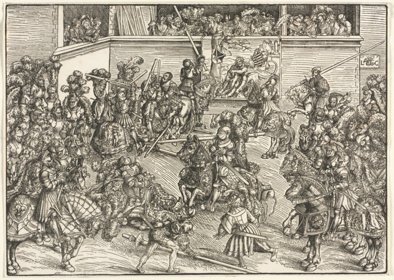 The Second Tournament with the Tapestry of Sampson and the Lion, 1509. Lucas Cranach (German, 1472-1553). Woodcut; sheet: 30 x 42 cm (11 13/16 x 16 9/16 in.); image: 29.7 x 41.7 cm (11 11/16 x 16 7/16 in.).