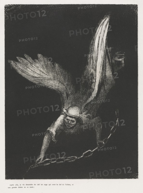 The Apocalypse of Saint John:  And I saw an Angel come down from Heaven, having the Key of the bottomless Pit and a great chain in his Hand, 1899. Odilon Redon (French, 1840-1916). Lithograph