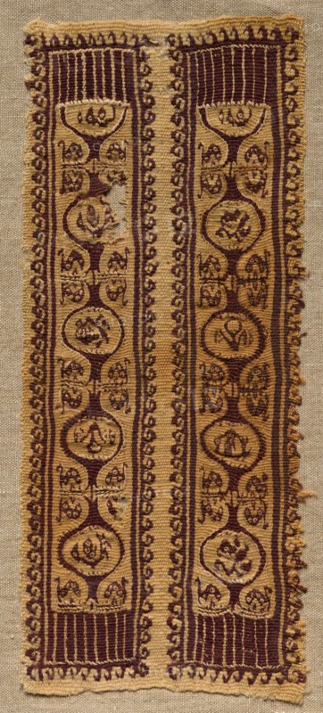 Fragment, Sleeve Ornament from a Tunic, 400s - 600s. Egypt, Byzantine period, 5th - 7th century. Tabby weave with inwoven tapestry ornament, linen and wool; overall: 10.8 x 26.7 cm (4 1/4 x 10 1/2 in.)
