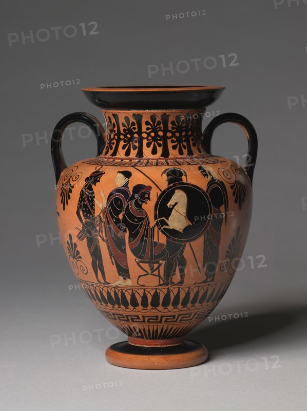 Amphora (Wine Jug), 520-510 BC. Greece, Athens, 6th Century BC. Black-figure terracotta; overall: 17.3 cm (6 13/16 in.).