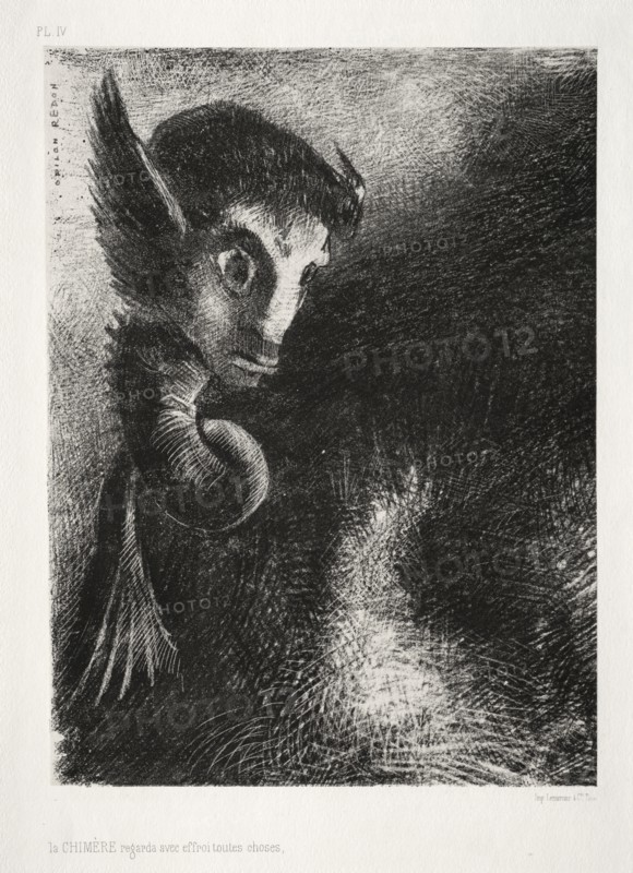 The Night:  The Chimera Regards All Things with Fear, 1886. Odilon Redon (French, 1840-1916). Lithograph