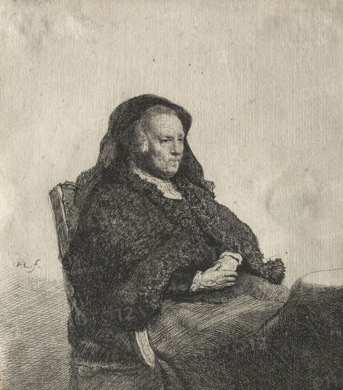 The Artist's Mother Seated at a Table, Looking Right: Three Quarter Length, c. 1631. Rembrandt van Rijn (Dutch, 1606-1669). Etching; sheet: 14.8 x 13 cm (5 13/16 x 5 1/8 in.).