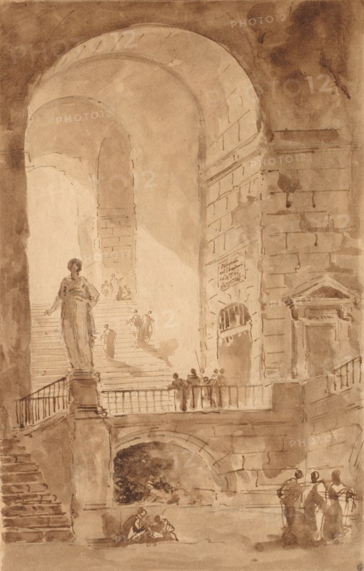 Vaulted Staircase, c. 1770-1779. Hubert Robert (French, 1733-1808). Pen and brown ink and brush and brown wash over graphite; framing lines in brown ink; sheet: 44.1 x 28.2 cm (17 3/8 x 11 1/8 in.); secondary support: 52.9 x 38.7 cm (20 13/16 x 15 1/4 in.).