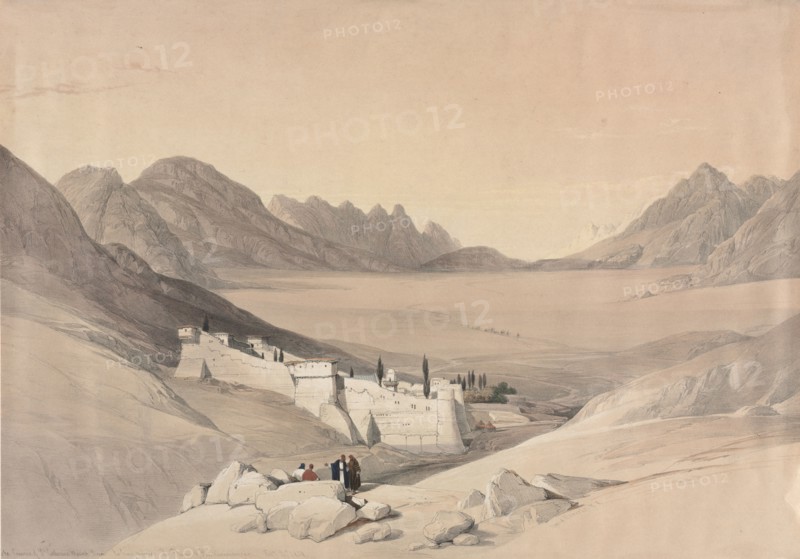The Convent of St. Catherine, Mount Sinai, Looking towards the Plain of the Encampment, 1839. David Roberts (British, 1796-1864). Color lithograph