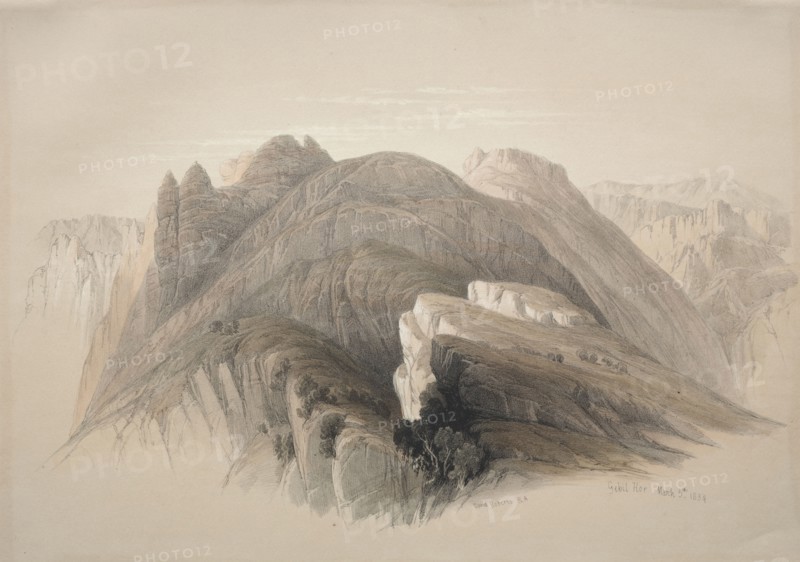 Gebil Hor.  Mount Hor, from the Cliffs Encircling Petra, 1839. David Roberts (British, 1796-1864). Color lithograph