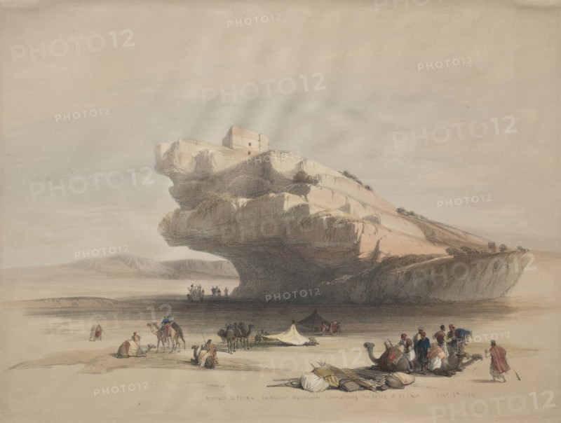 Approach to Petra, an Ancient Watch Tower Commanding the Valley of El Chor, 1839. David Roberts (British, 1796-1864). Color lithograph