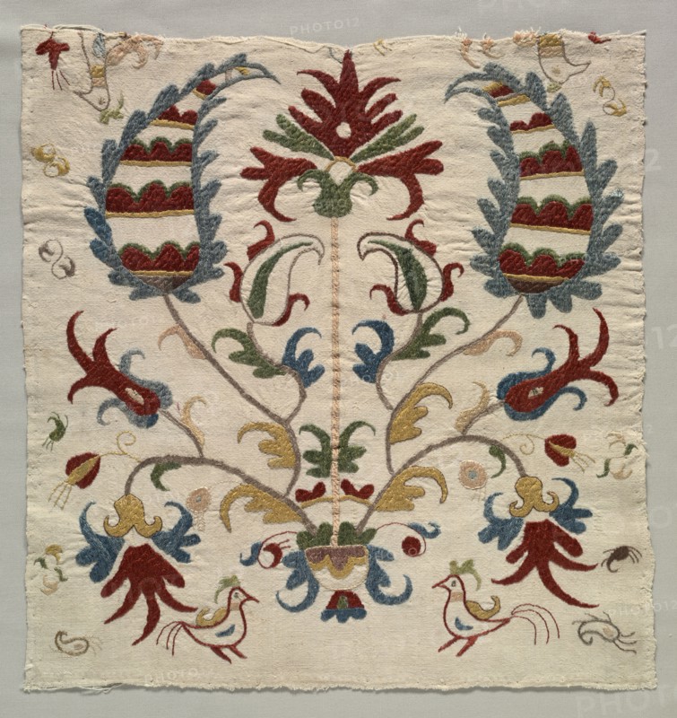 Fragment of Pillow Cover  or Panel of Bedspread, 1800s. Greece, Sporades Islands, Skyros, 19th century. Embroidery: silk on linen tabby ground; overall: 47 x 40.4 cm (18 1/2 x 15 7/8 in.)