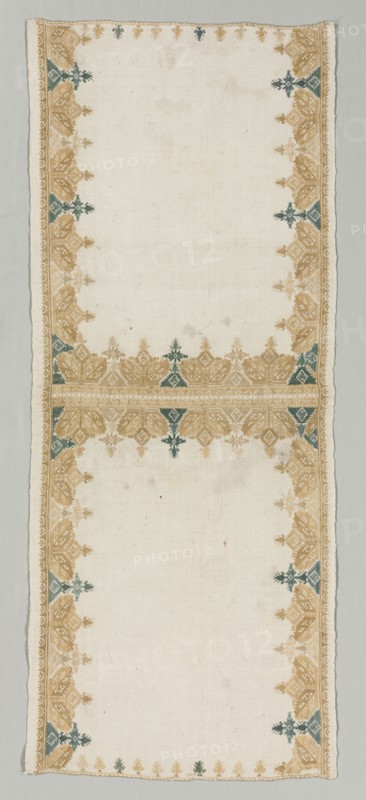 Pillow Cover, 1700s. Greece, Cyclades Islands, Amorgos, 18th century. Embroidery; silk and gold filé on linen; overall: 38.8 x 52.1 cm (15 1/4 x 20 1/2 in.)