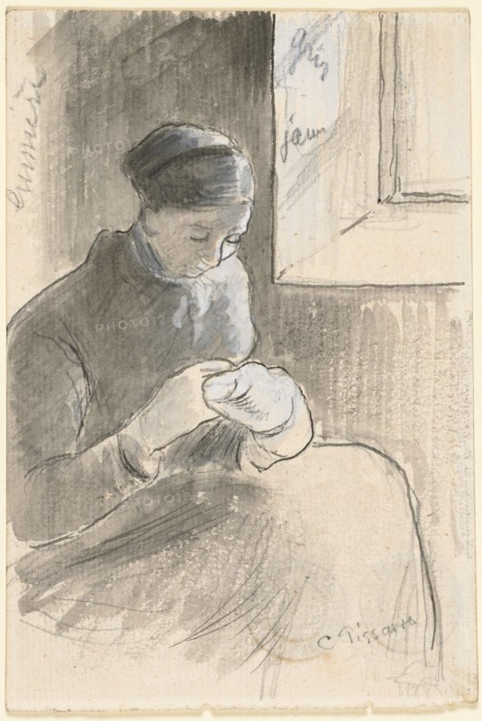 The Mender, c. 1881. Camille Pissarro (French, 1830-1903). Pen and black ink and brush and gray wash over graphite heightened with white gouache; sheet: 15.1 x 10.2 cm (5 15/16 x 4 in.).