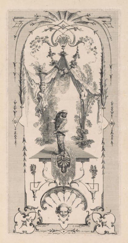 Harlequin, Arabesque. Louis Crépy (French), after Jean Antoine Watteau (French, 1684-1721). Engraving