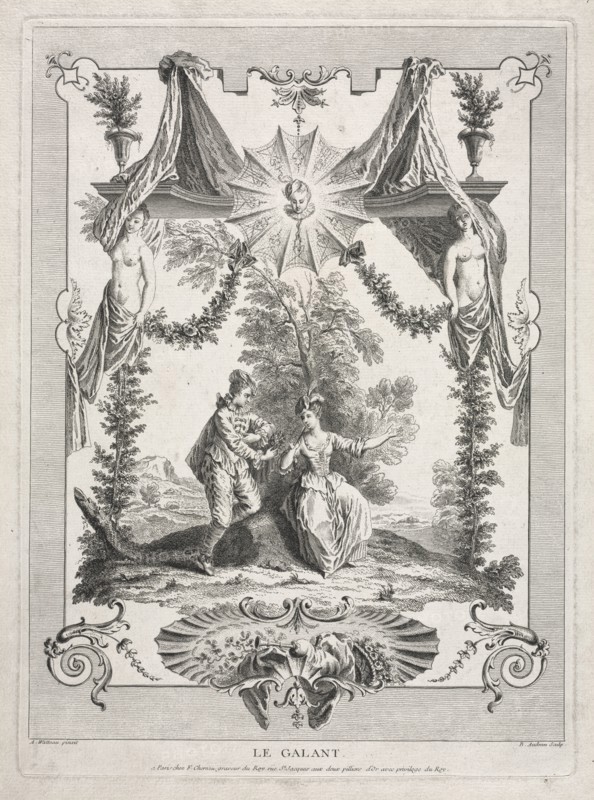 The Gallant. Benoit II Audran (French, 1700-1772), after Jean Antoine Watteau (French, 1684-1721). Engraving; platemark: 39.1 x 28.4 cm (15 3/8 x 11 3/16 in.)