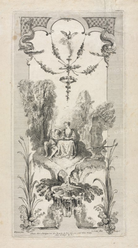 Pastoral, Arabesque. Louis Crépy (French), after Jean Antoine Watteau (French, 1684-1721). Engraving