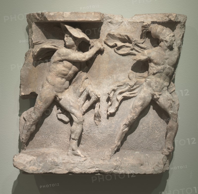 Relief of Hermes and Ares, 200s BC. Greece, 3rd Century BC. Limestone; overall: 32.7 cm (12 7/8 in.).