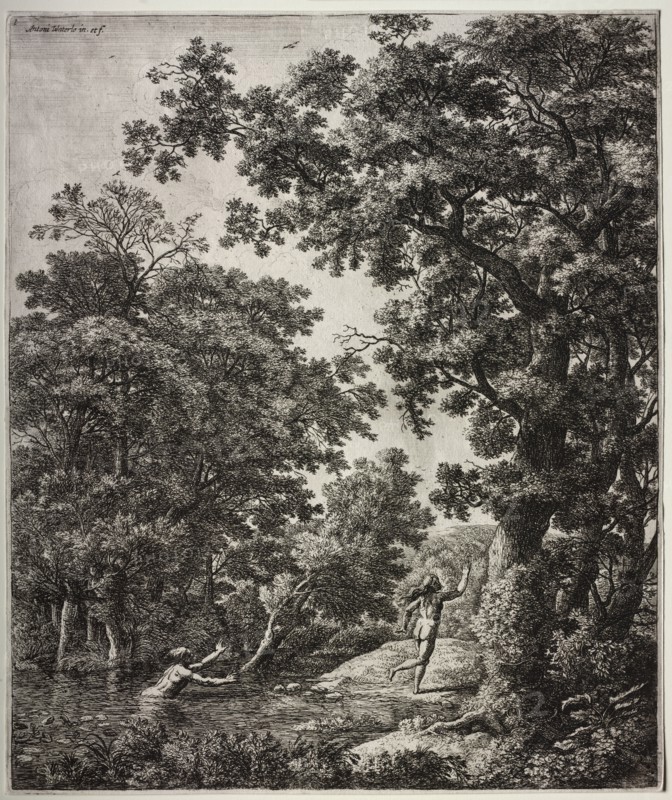 Alpheus and Arethusa; Apollo and Daphne; Mercury and Argus; Pan and Syrinx; Venus and Adonis; The Death of Adonis. Anthonie Waterloo (Dutch, 1609/10-1690). Etching
