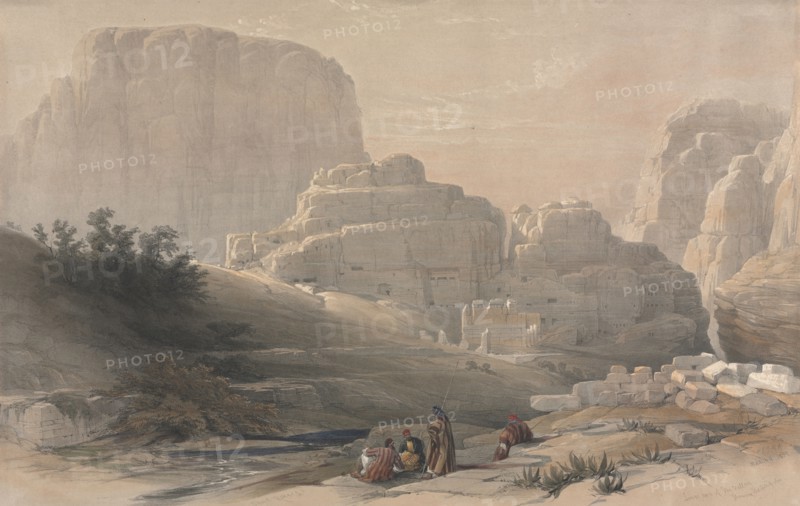 Petra, Lower End of the Valley, Viewing the Acropolis, 1839. David Roberts (British, 1796-1864). Color lithograph