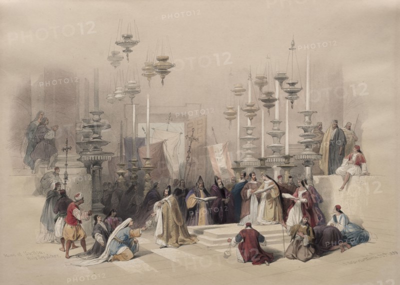 Stone of Unction, Holy Sepulchre, 1839. David Roberts (British, 1796-1864). Color lithograph