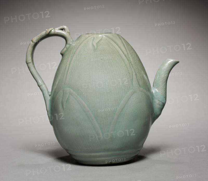 Wine Ewer with Incised Bamboo Shoot Design, 1100s. Korea, Goryeo period (918-1392). Celadon ware with incised decoration; diameter: 14.7 cm (5 13/16 in.); overall: 18.2 cm (7 3/16 in.).
