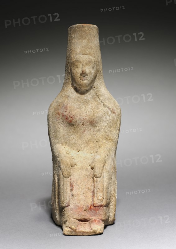 Seated Goddess, 500s BC. Greece, 6th Century BC. Terracotta; overall: 17.2 x 6.5 x 7.9 cm (6 3/4 x 2 9/16 x 3 1/8 in.).