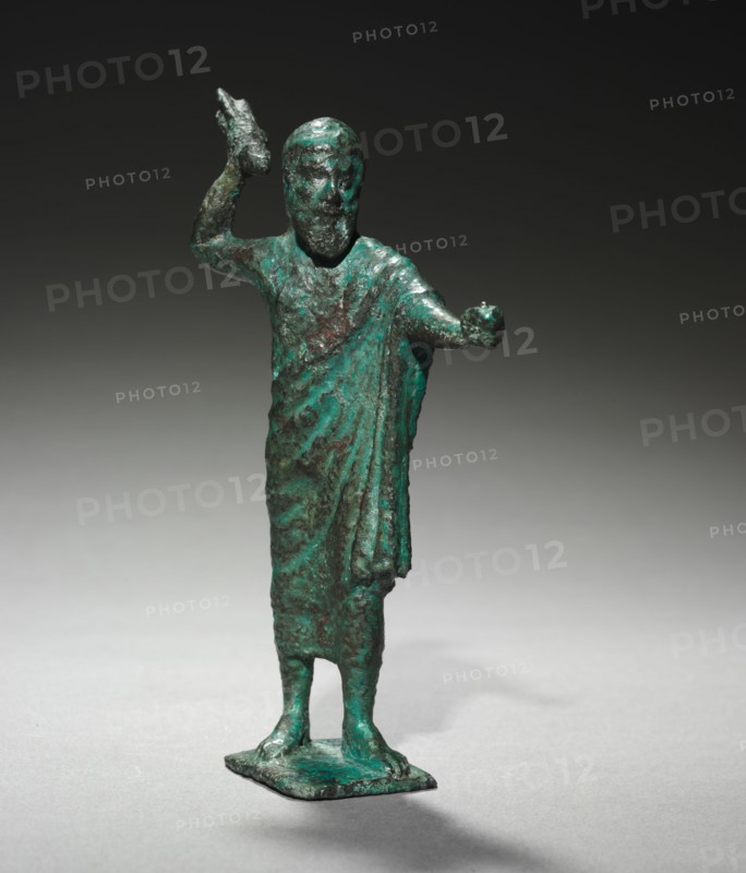 Statuette of Tinia (Zeus), 500-475 BC. Italy, Etruscan, 5th Century BC. Bronze; overall: 13.3 x 8.6 x 3.2 cm (5 1/4 x 3 3/8 x 1 1/4 in.).