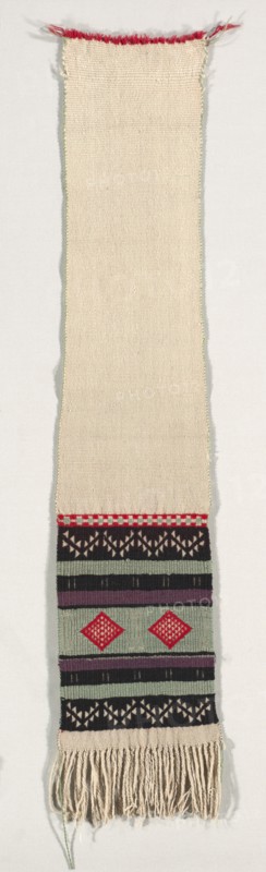 "Hopi Brocade" Style Dance Sash, c. 1880-1900. America, Native North American, Southwest, Pueblo (Hopi), Post-Contact, Transitional Period. Plain weave with supplementary weft wrap; wool (homespun and Germantown); overall: 116 x 25 cm (45 11/16 x 9 13/16 in.).