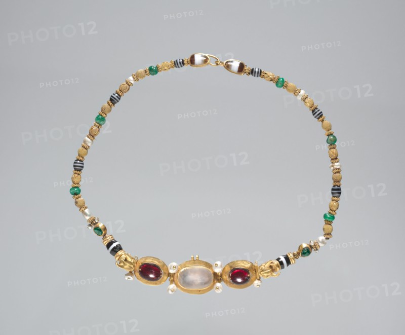 Necklace, 100s BC. Greece, 2nd Century BC. Gold, moonstone, garnet, emerald, cornelian, baroque pearl, and banded agate; overall: 39.4 cm (15 1/2 in.).