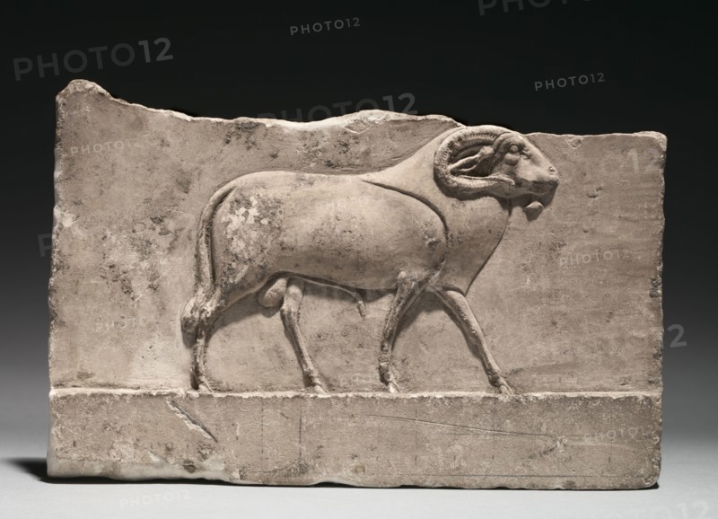 Votive Relief of a Ram Deity, 305-30 BC. Egypt, Ptolemaic Dynasty. Limestone; overall: 13.5 x 20.6 x 2.5 cm (5 5/16 x 8 1/8 x 1 in.).