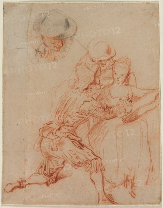 Study for "The Romancer" (Le Conteur), c. 1716. Jean Antoine Watteau (French, 1684-1721). Red chalk; red and black chalk (upper left figure); sheet: 35 x 27.5 cm (13 3/4 x 10 13/16 in.); secondary support: 35.1 x 27.8 cm (13 13/16 x 10 15/16 in.).
