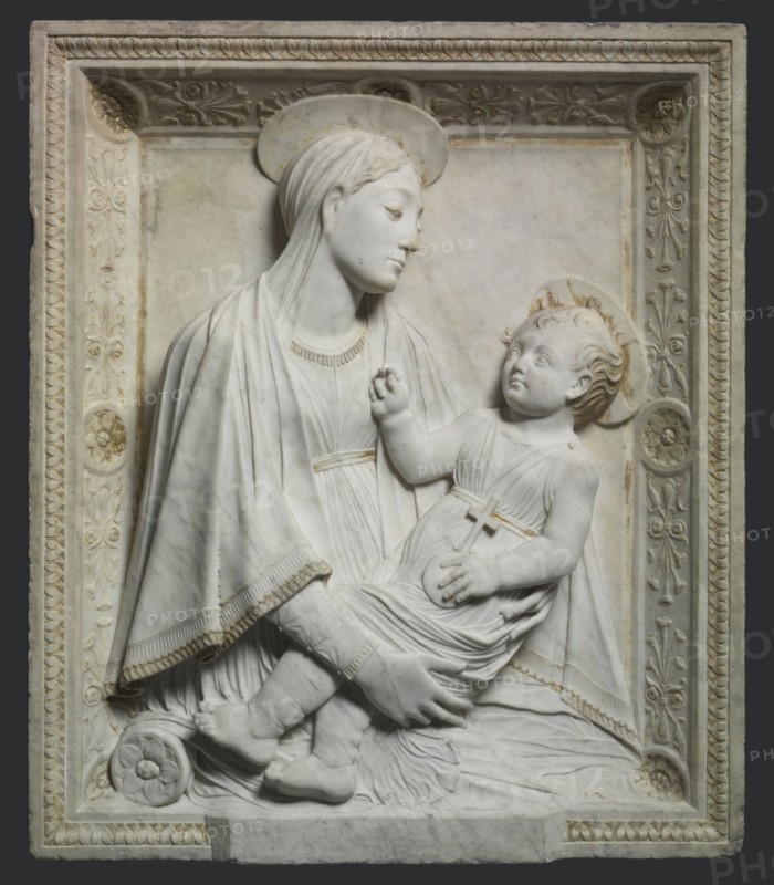 Madonna and Child, by 1461. Mino da Fiesole (Italian, c. 1430-1484). Marble with traces of gilding; overall: 93.7 x 80 x 12.7 cm (36 7/8 x 31 1/2 x 5 in.).