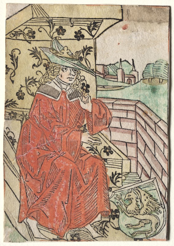 Hartlib's Alexander:  Alexander Seated on Throne, 1400s. Germany, 15th century. Woodcut