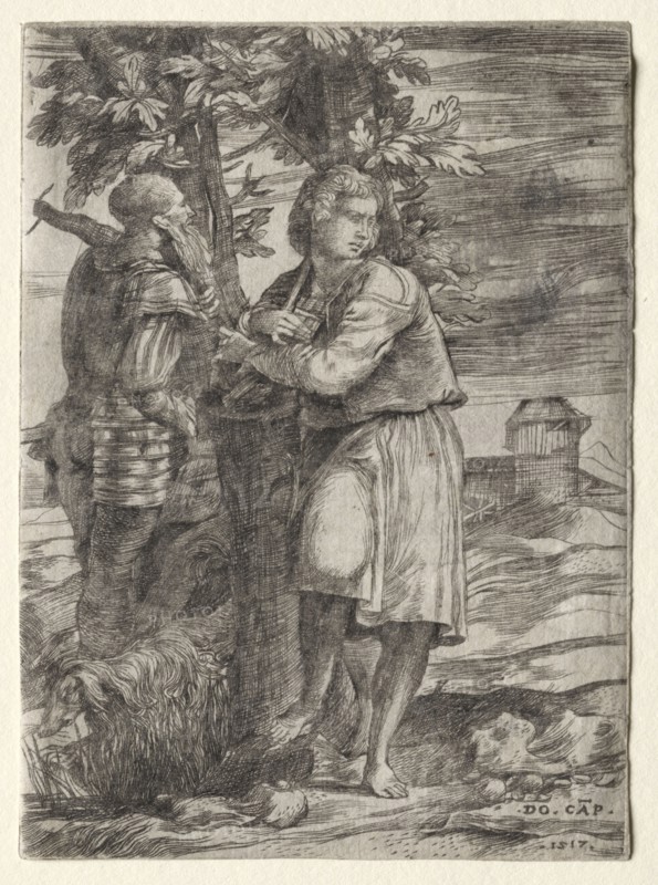 Shepherd and Old Warrior, 1517. Domenico Campagnola (Italian, 1500-1564). Engraving