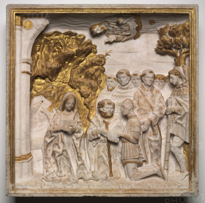 Pier Francesco Visconti, Court of Saliceto, Adoring the Christ Child, shortly after 1484. Workshop of Benedetto Briosco (Italian, c. 1460-aft 1514), and Tomaso Cazzaniga (Italian). Marble with gilding; overall: 61 x 61 x 13.1 cm (24 x 24 x 5 3/16 in.).
