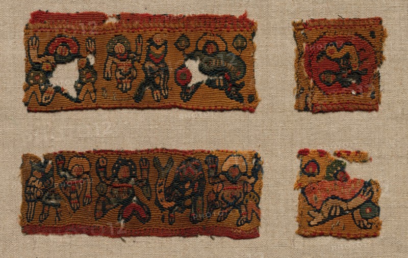 Four Fragments of the Gammadion Border of a Tunic, 400s - 600s. Egypt, Byzantine period, 5th - 7th century. Tabby weave with inwoven tapestry ornament, linen and wool; overall: 13.7 x 21.3 cm (5 3/8 x 8 3/8 in.).